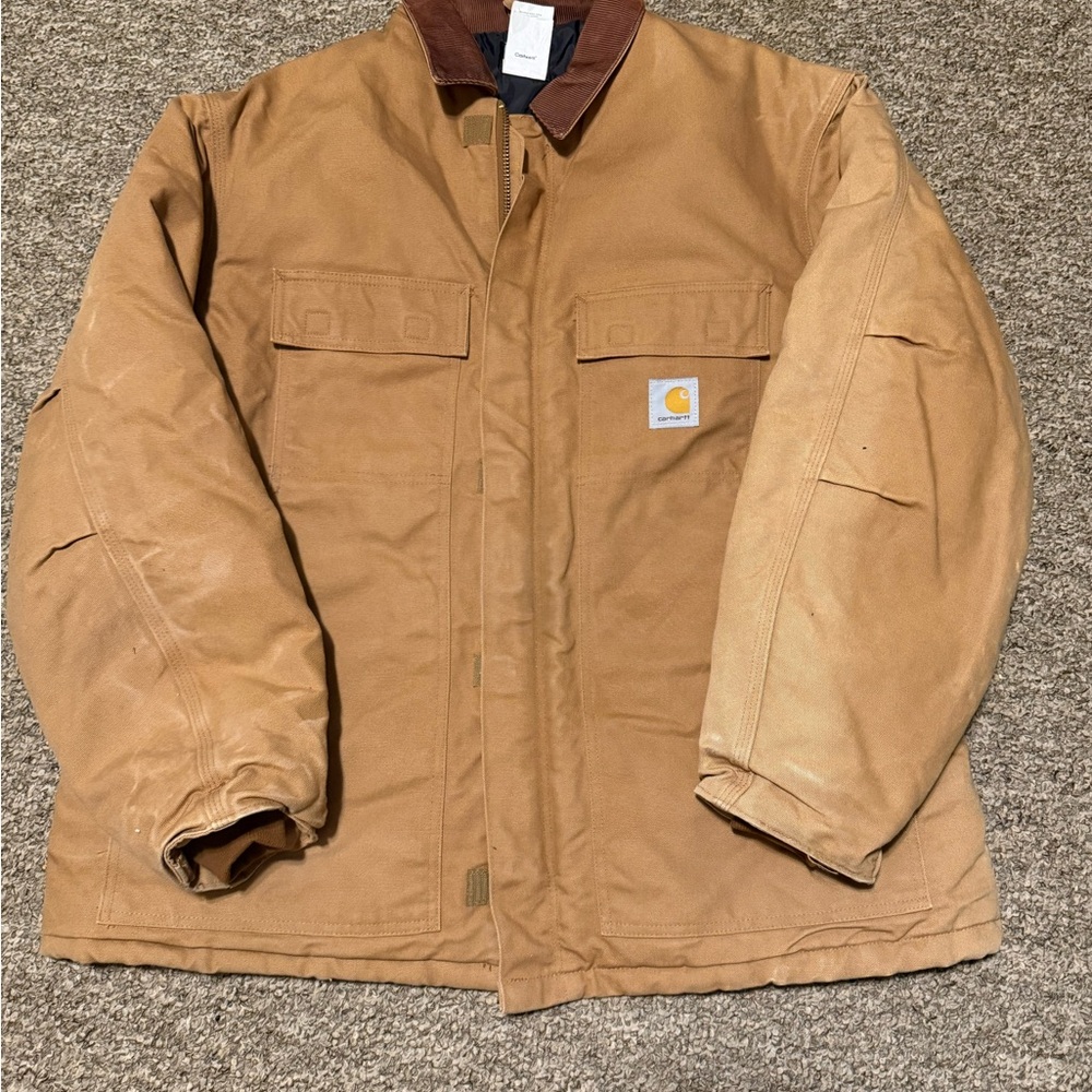 Carhartt Firm Duck Loose Fit Insulated Traditional Coat Brown Distressed XL